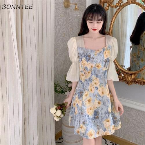 Dress Women Elegant Puff Sleeve Fairy Summer Sweet Mini Square Collar French Floral Patchwork Princess Holiday Party Chiffon Ins