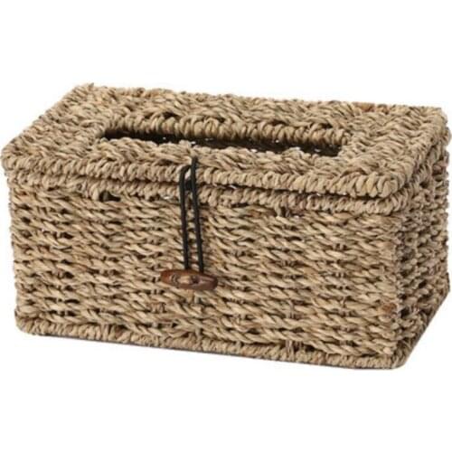 Handmade Woven Natural Rustic Brown Seagrass Tissue Box, Rectangular Storage Box Sundries Storage Box