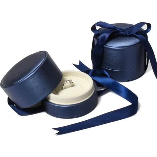 Luxury Blue Round PU Jewelry Box with Ribbon Pendant Ring Wedding Anniversary Gift Box Jewellry Store Gift Packaging Container