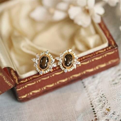 Luxury Female Small Oval Earrings Real 925 Sterling Silver Gold Stud Earrings For Women Vintage Natural Topaz Wedding Earrings