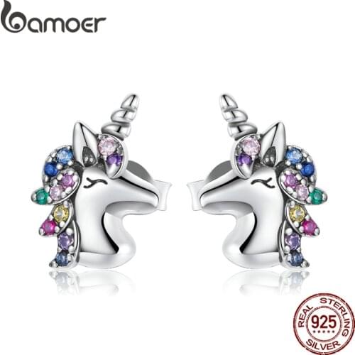 Bamoer Silver Sharp Horned Horse Rainbow Colorful Zircon Unicorn Pony Earrings 925 Sterling Silver for Women Jewelry BSE496