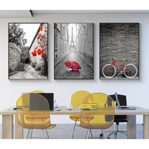 Nordic Simple Red Bicycle Canvas Painting Tower Poster Landscape Paintings For Living Room Wall Decorative Picture
