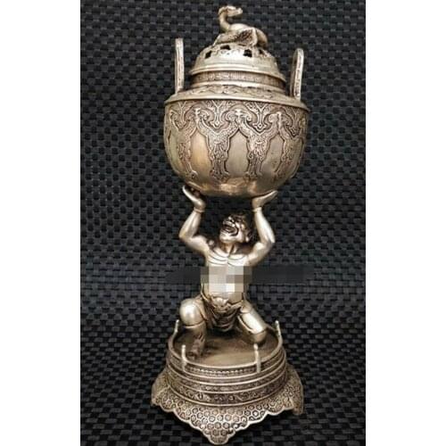 Old Tibet Silver Carved Hollow Dragon Lid Arhat hold up Incense burner