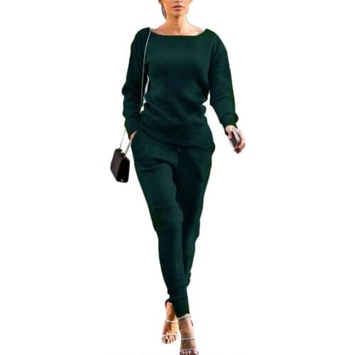 Pant Sets 2Pcs Women Autumn elegance fashion Solid Color Ribbed O Neck Top Drawstring Pants Sport Tracksuit Womens Clothing