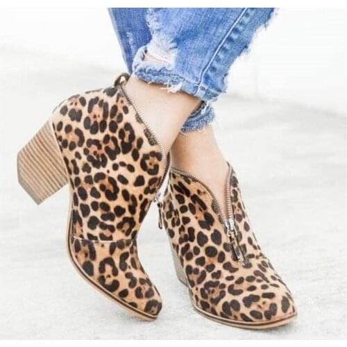 Womens Leopard Thick with Womens Boots Women Shoes Ankle Pumps Flock Toe Boots High-heeled Shoes Big Size 35-43 Moda Mujer