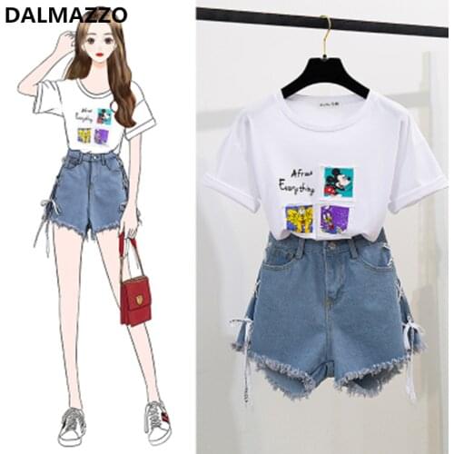 DALMAZZO Two Pieces Hot Pants Set for Women Fashion Short Sleeve Print T Shirt Tops + Bandage Tether Denim Shorts Suit 2021 New