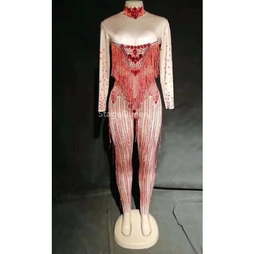 Women Sexy Stage Red Tassel Jumpsuit Big Glass Sparkling Crystal Bodysuit Nightclub Party Stage Wear Singer Dance Bling Jumpsuit