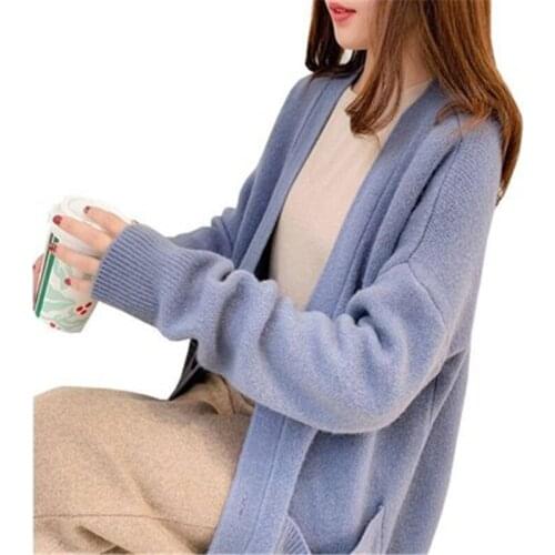 2020 Korean Black Knitted Sweater Women V Neck Long Sleeve Solid Color Cardigan Vintage Casual Loose Tops Fashion New PZ2596