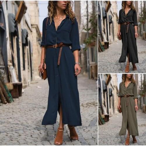 2019 new womens dress fashion loose long-sleeved large swing shirt long casual side split single-breasted dress spring