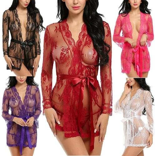 2018Sexy Babydoll Lingerie Erotic Women Black redLace Plus Size Costume Sleepwear Dress Transparent Hollow-out Chemise Underwear