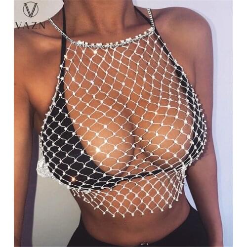 VAZN 2021 INS Special Network See Through Lace Sexy Club Young Solid Halter Off Shoulder Women High Waist Thin Mini Short Tank
