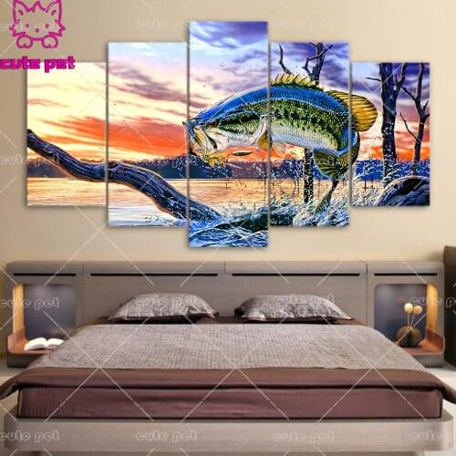 New square round Drill Jumping Fish Landscape Diy Diamond Painting Cross Stitch Kits 5D Diamond Mosaic Embroidery Decor 5PCS