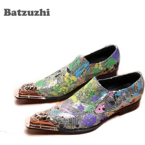 Batzuzhi Limited Men Shoes Metal Pointed Toe Business Dress Shoes Leather Sequin Slip on Hot Party and Wedding Men Shoes, US 12