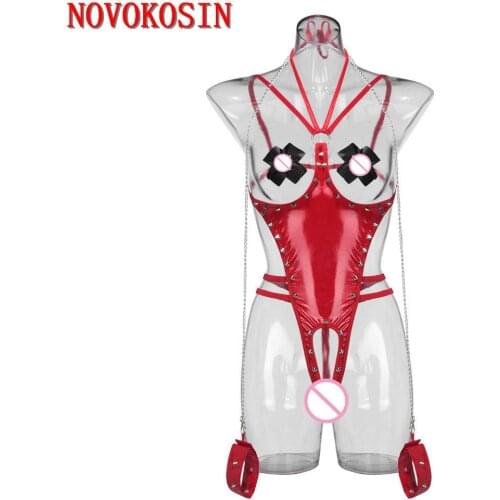 2020 Open Bra Crotch Red black Faux Leather Bodysuit Set With Iron Chain Handcuff SM Bandage Sexy Prisoner Cosplay Costume