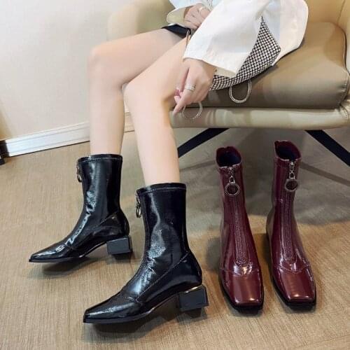 Patent Leather Women Boots Winter Shoes Woman Warm Whith Zipper Square-Toe High Heels Mid-Calf Boots Female Fashion Casual Shoes