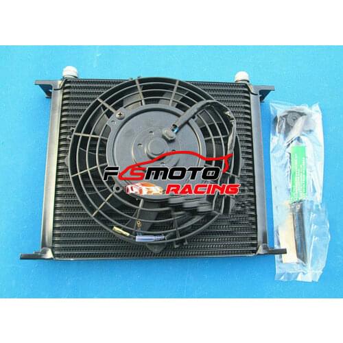 BLACK 248mm Universal 30 ROW Engine Transmission 10AN Oil Cooler + 7" Electric Fan Kit