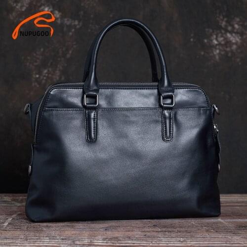 NUPUGOO Business Mens Briefcase Genuine Leather Casual Handbag Fashion Trend Shoulder Bag Double Main Pocket For 14 Inch Laptop