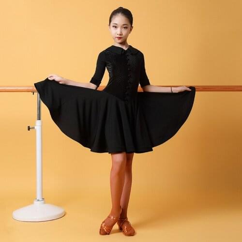 Kids Latin Dance Clothes Autumn Half Sleeve Black/Gray Practice Clothing Latin Competition Dress For Girls Rumba Costumes VO1399