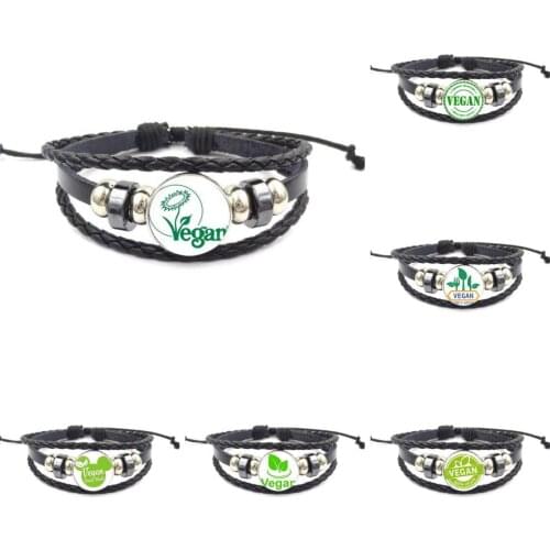 EJ Glaze Vegan Antique Vintage Glass Black Leather Bracelet Bangle Women Jewelry For Women Men