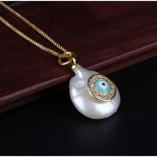 Dainty disc blue evil eye protection charm natural freshwater pearl bead chic gold link chain pendant choker necklace for women
