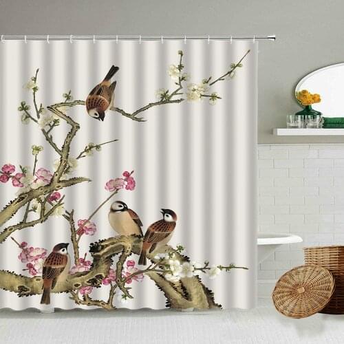 Chinese Antique Flower And Bird Painting Shower Curtain Peony Chlorophytum Plant Bathroom Decoration Waterproof Screen With Hook