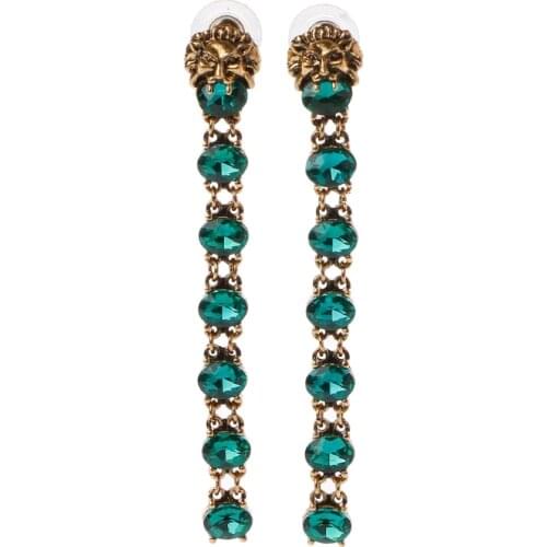 Beautiful workmanship Green Crystal Long Earrings Exaggerated Pearl Lion Head Drop Dangle Earrings