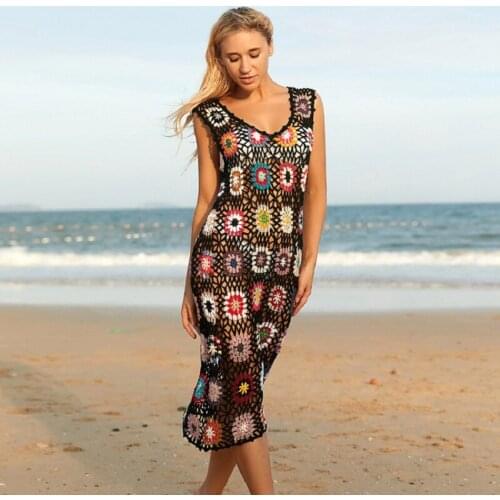 Colorful Knitted Cover Up Bikini Women Swimsuit Hollow Out 2021 Beach Dress Bathing Suit Beachwear Tunic Robe