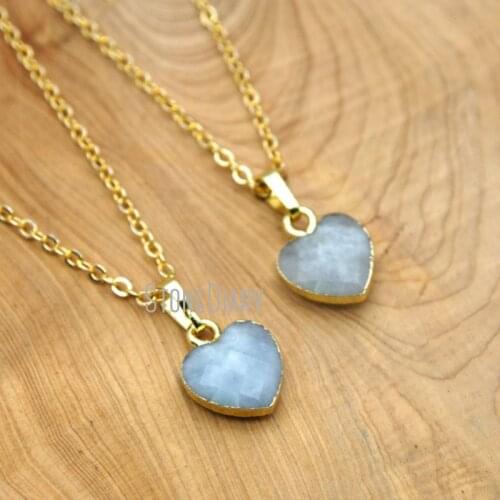 10Pcs New Realease Pure Gold Color Faceted Heart Chains Necklaces Aquamarines Chains Necklaces On Sale 16-20inch NM15660