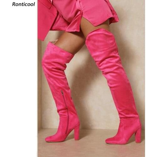 Ronticool New Women Winter Over The Knee Velvet Boots Chunky Heels Round Toe Fuchsia Camel Light Blue Party Shoes Us Size 5-10.5