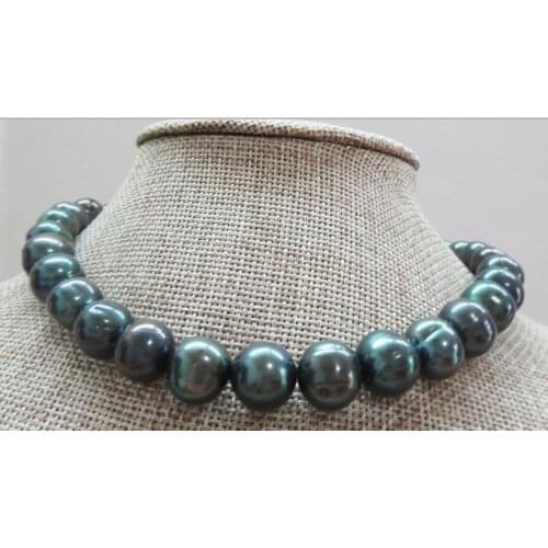 Huge 18"12-14mm natural south sea genuine black peacock baroq pearl necklace 925 silver