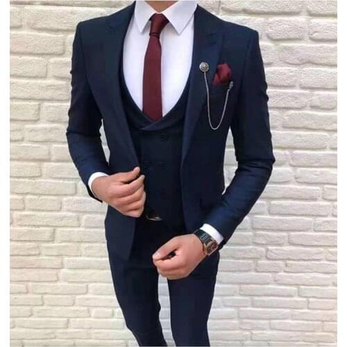 Tailor-made Navy blue wedding suits men slim fit 3 piece customized mens suit formal business leisure party jacket vest pants
