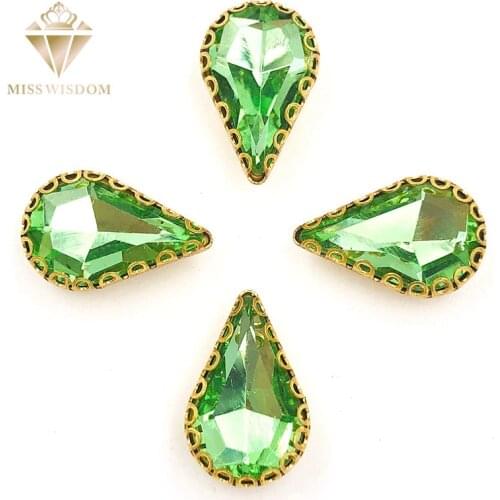 NEW hot 8X13mm Light green teardrop sew on rhinestones gold base with hole glass crystal pear shape rhinestone Diy accessories