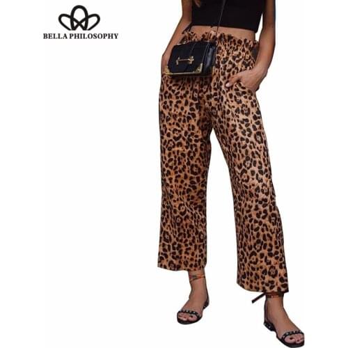 Bella Philosophy Leopard Flare Trousers Women Elastic High Waist Long Pants Female Wide Leg Pants Frill Loose Street Bottoms