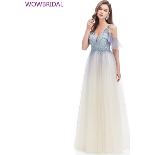 2021 New Elegant Deep V-neck Halter Back Sleeveless Gradient Color A-line Floor Length Positive Party-style Evening Dress