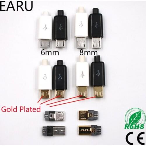 10pcs 6mm 8mm Micro USB 5PIN Welding Type Male Plug Connectors Charger 5P Tail Charging Socket 4 in 1 White Black Gold Plated