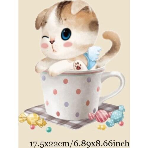 20pcs Cartoon Teacup Cat Appliques parches ropa Heat Transfer Patch For Clothing Stickers Jacket Jeans Dress Patchwork Badge DIY