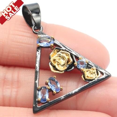 39x26mm Neo-Gothic 7.5g Flowers Trangle Shape Created Violet Tanzanite Cool Black Metal Silver Earrings Pendant Jewelry Set