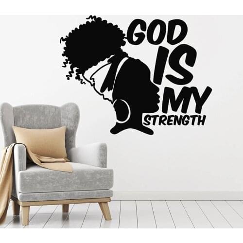 African Girl Wall Sticker Quotes God Is My Strength Vinyl Decal Africa Woman Bedroom Living Room Decoration Removable Home Decor
