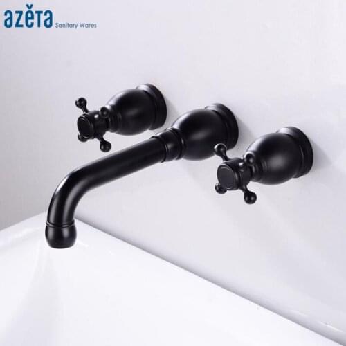 Azeta Bathroom Faucet Black Wall Mounted Sink Faucet 3 Hole Double Handle Wash Basin Tap 360 Rotation Spout Mixer Tap AT5866B