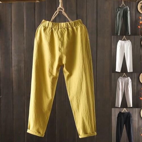 New Womens Breathable Cotton Linen Pants Pocket Elastic Waist Loose Trousers Pant Daily High Quality Comfy Pants Pantalon 2021