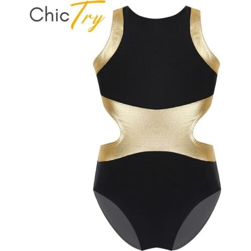ChicTry Kids Girls Sleeveless Dancewear Ballet Gymnastics Leotard Child Shiny Metallic Splice Stage Performance Dance Costume