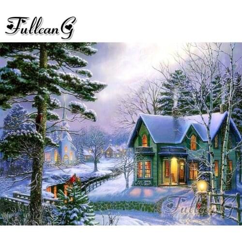 FULLCANG Winter landscape house diy 5d mosaic diamond painting full square round drill rhinestone embroidery sale decor FC2659