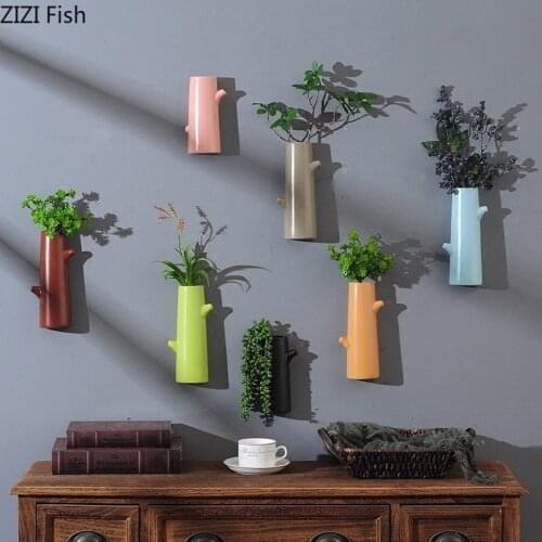 Chinese Ceramic Wall Vases Fake Tree Stump Hanging Plant Artificial Flowers Shelf Art Mural Craft Ornaments Wall Vase Home Decor