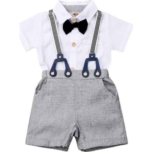 New Gentleman Baby Boys Short Sleeve Romper Bib Shorts Formal Clothes 0-24M