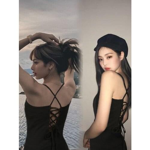 Kpop Korean Women Summer New Sexy Black Tight-fitting Small Camisole Short Tops Sexy Slim Cross Halter Bottoms Sling Tanks Vest