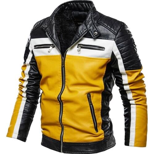 Men Motorcycle Yellow PU Leather Jacket Patchwork Biker Jacket Men Casual Zipper Coat Men Jacket Slim Fit Fur Lined Outwear Coat