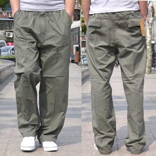 Mens Straight Loose Cargo Casual Cotton Blend Long Pants Trousers Size v1