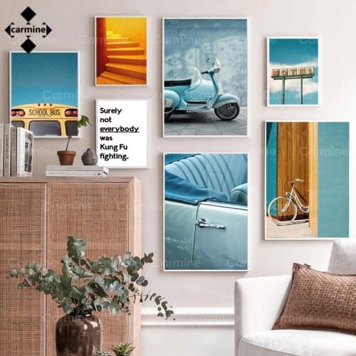 Nordic Wall Picture Motel School Stairs Poster and Print Bus Car Bicycle Quote Wall Art Canvas Painting for Living Room No Frame
