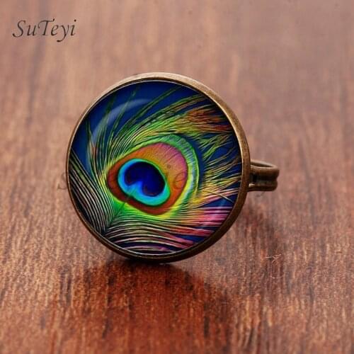 SUTEYI 2020 New Peacock Feather Ring Abstract Feathers Jewelry Art Nouveau Glass Peacock Photo Adjustable Rings For Women