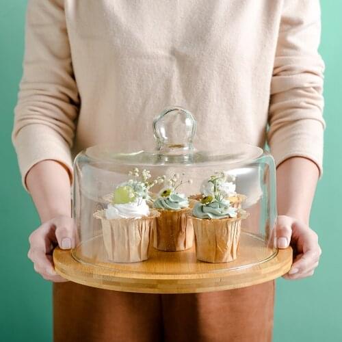 New Rotating cake pan European style wooden glass lid fruit pastry plate cake tray decoration Dinnerware Sets DessertBreadPlates